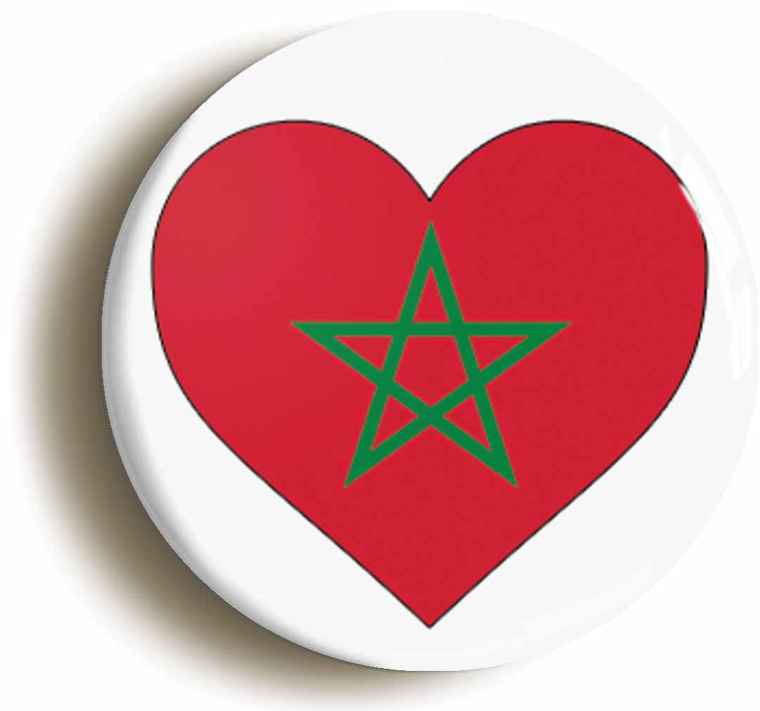 A picture of the front of the product, titled Morocco Moroccan Flag Heart Button Pin Badge