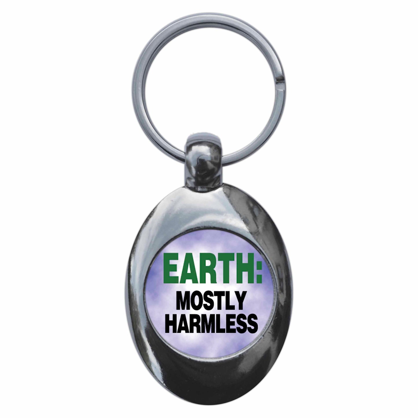 A picture of the front of the product, titled Earth Mostly Harmless Metal Keyring With Trolley Coin