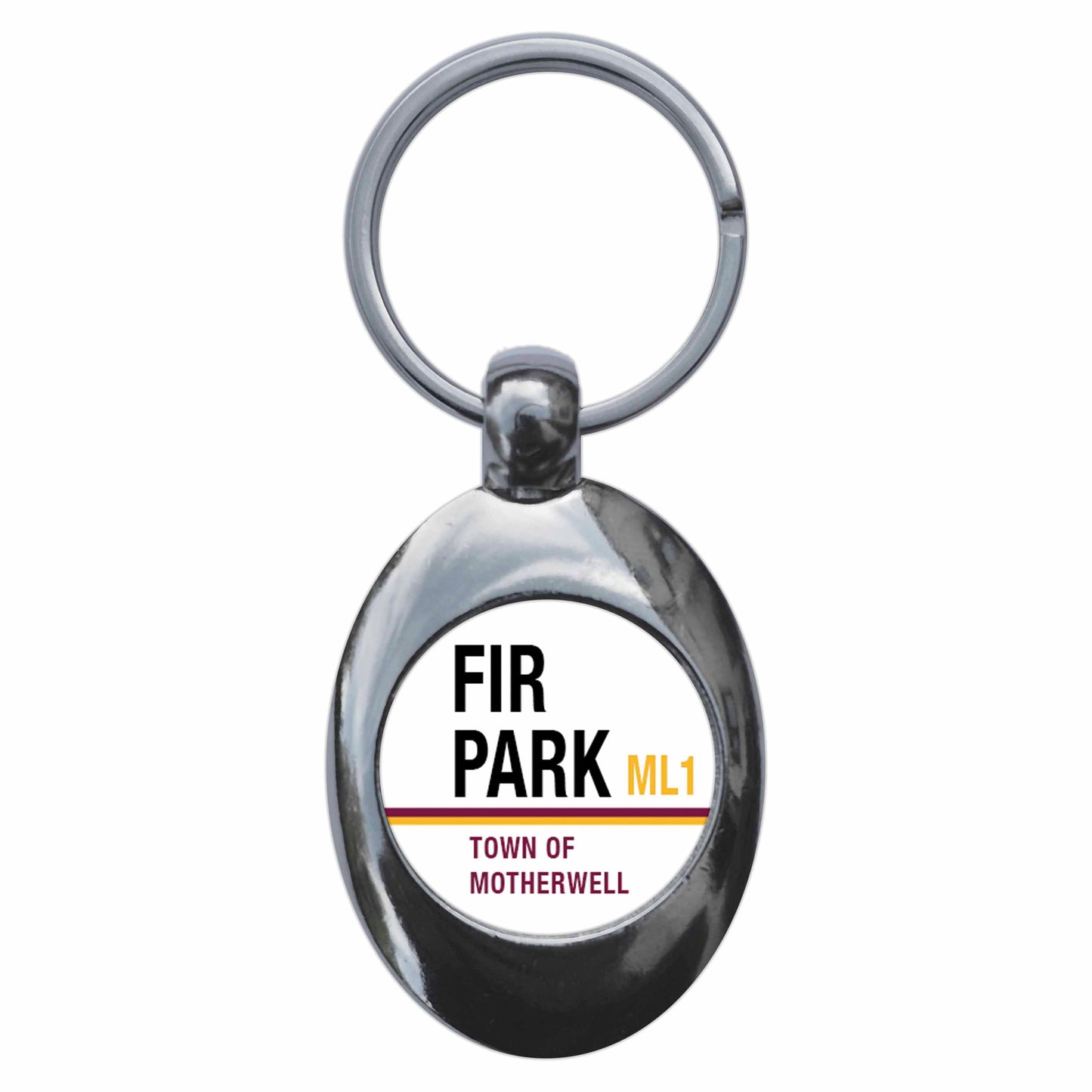 A picture of the front of the product, titled Fir Park ML1 Motherwell Road Sign Metal Keyring With Trolley Coin