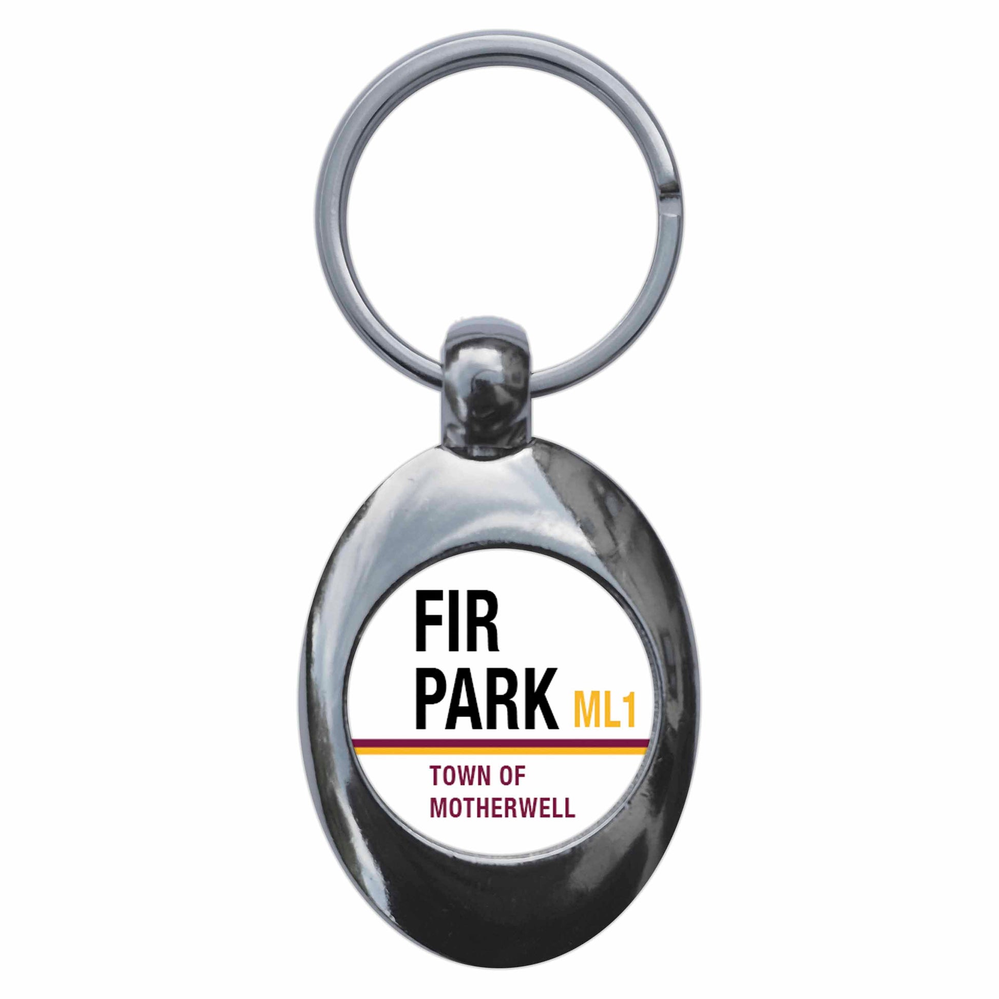 A picture of the front of the product, titled Fir Park ML1 Motherwell Road Sign Metal Keyring With Trolley Coin