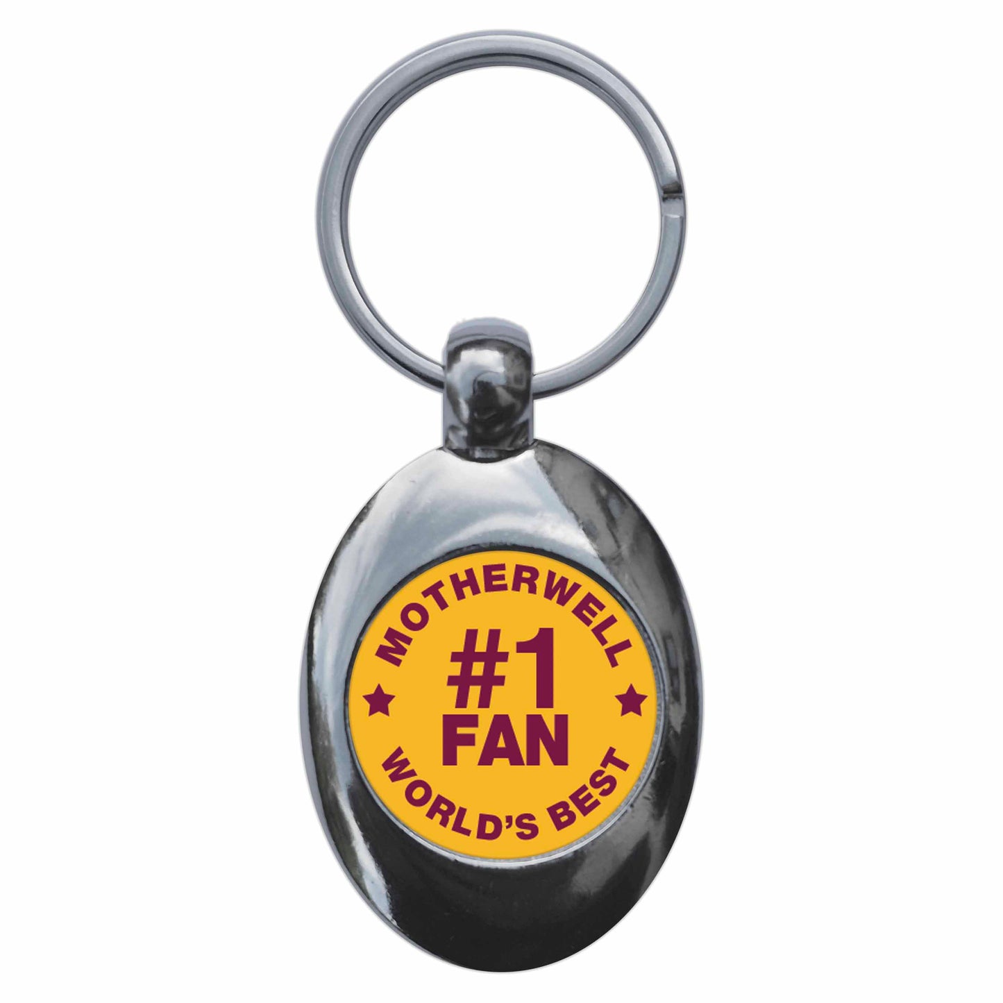 A picture of the front of the product, titled Motherwell #1 Fan Metal Keyring With Trolley Coin