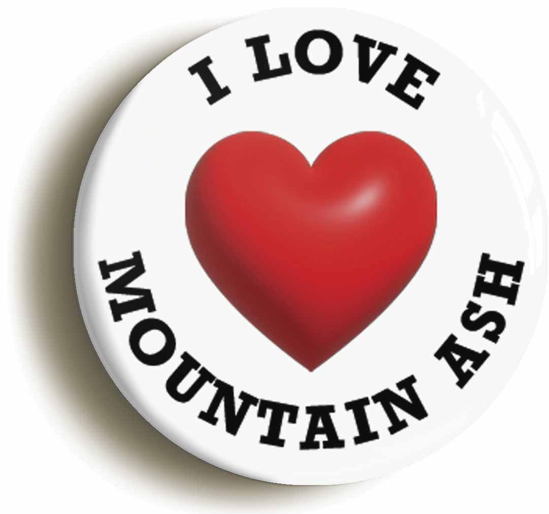 A picture of the front of the product, titled I Heart Love Mountain Ash Location Button Pin Badge