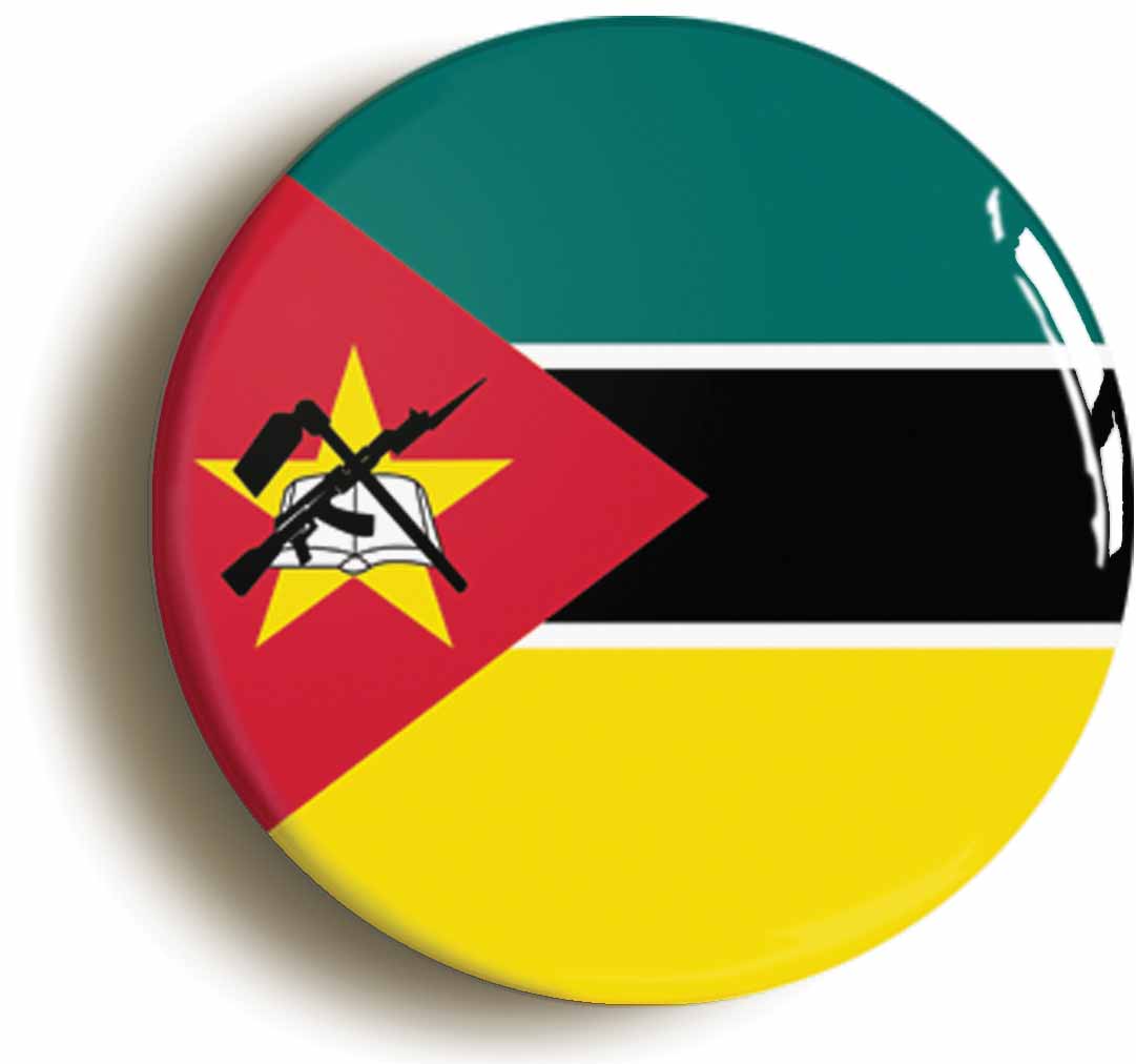 A picture of the front of the product, titled Mozambique National Flag Circular 50mm Fridge Magnet
