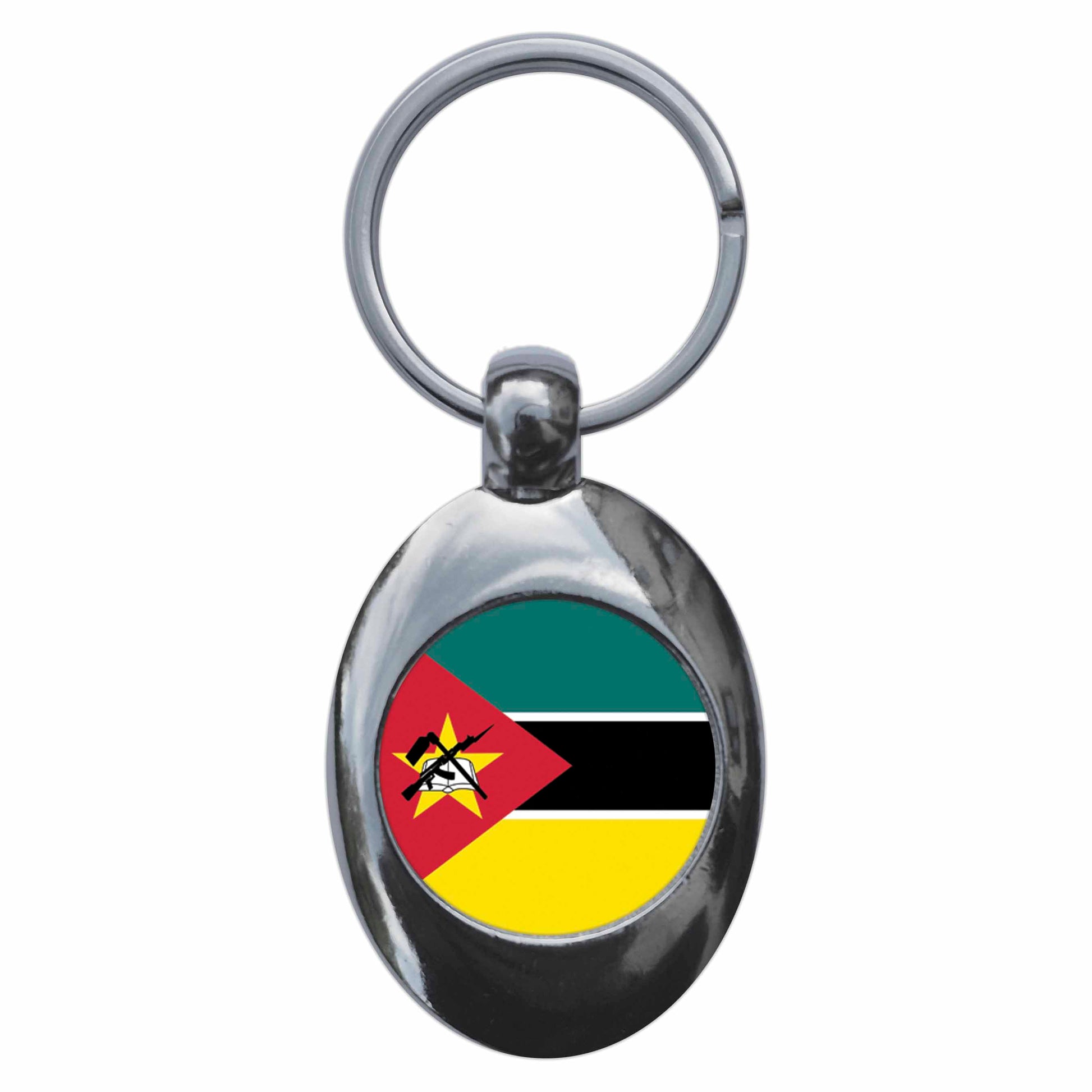 A picture of the front of the product, titled Mozambique National Flag Metal Keyring With Trolley Coin