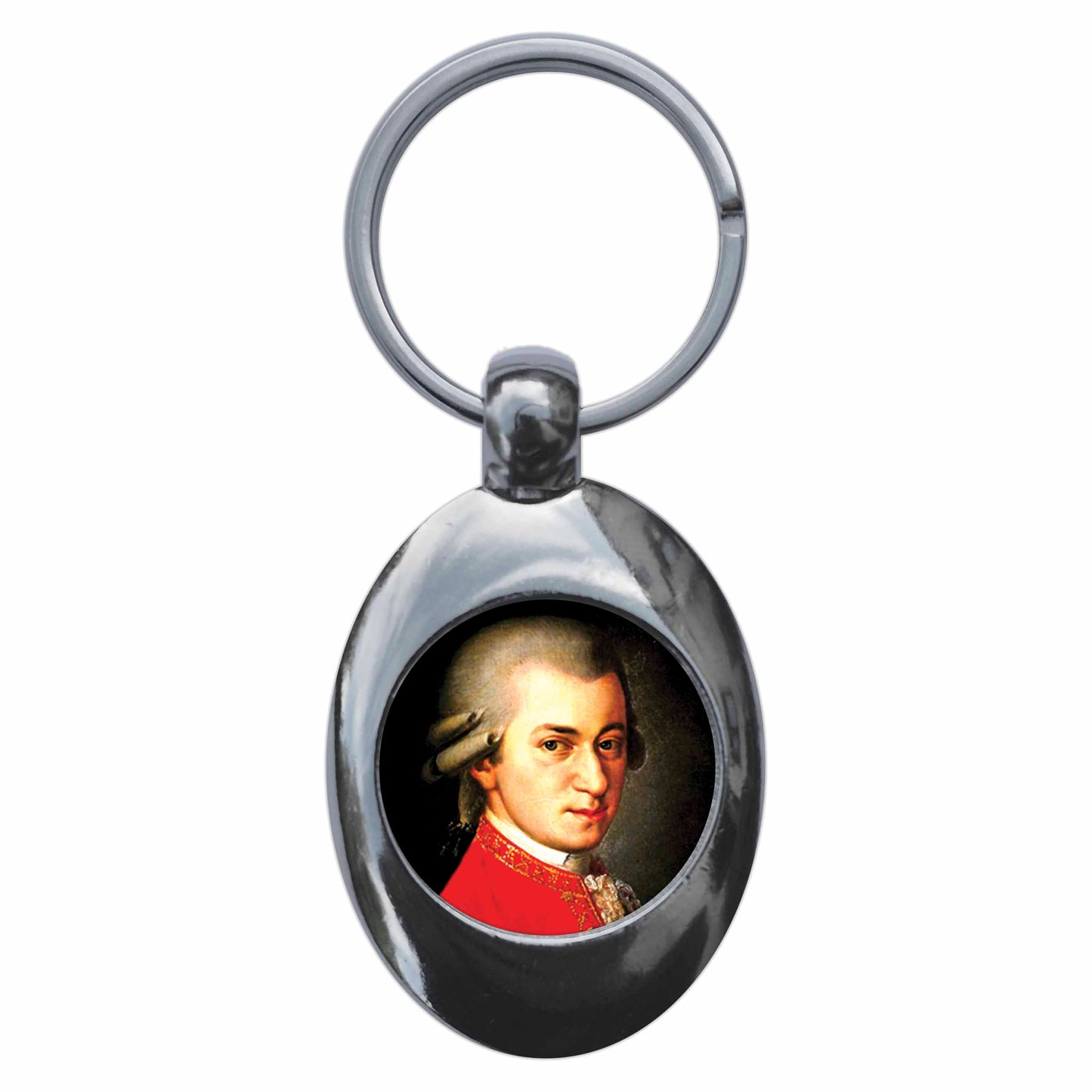 A picture of the front of the product, titled Wolfgang Amadeus Mozart Metal Keyring With Trolley Coin