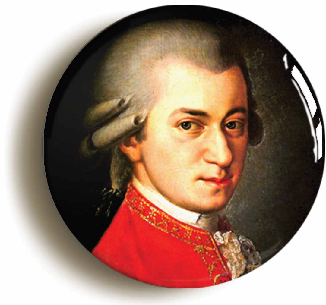 A picture of the front of the product, titled Wolfgang Amadeus Mozart Button Pin Badge