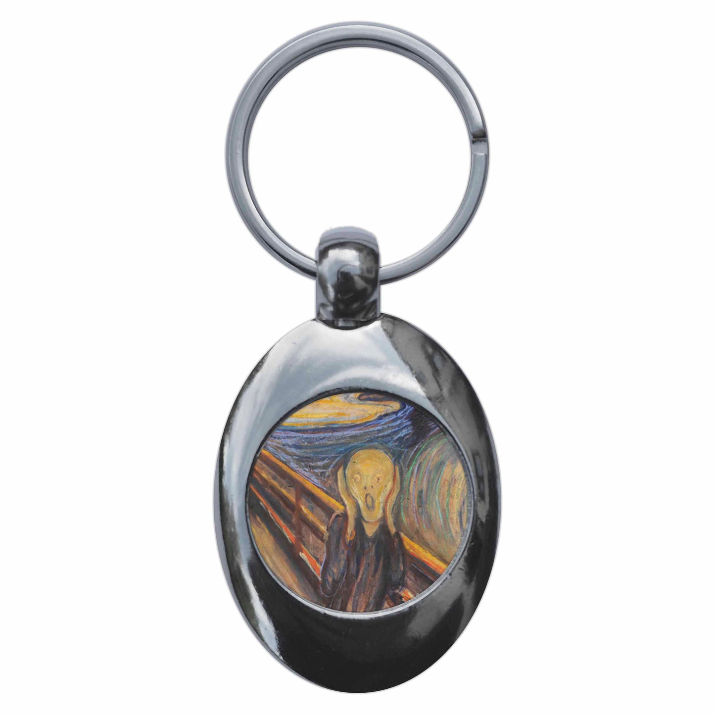 A picture of the front of the product, titled Edvard Munch The Scream Metal Keyring With Trolley Coin