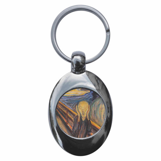 A picture of the front of the product, titled Edvard Munch The Scream Metal Keyring With Trolley Coin