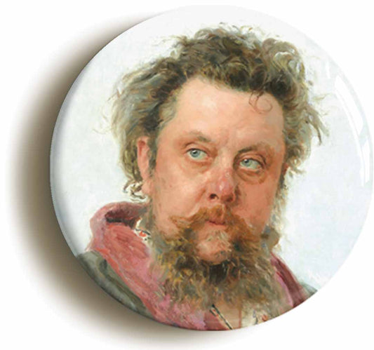 A picture of the front of the product, titled Modest Mussorgsky Romantic Classical Music Button Pin Badge
