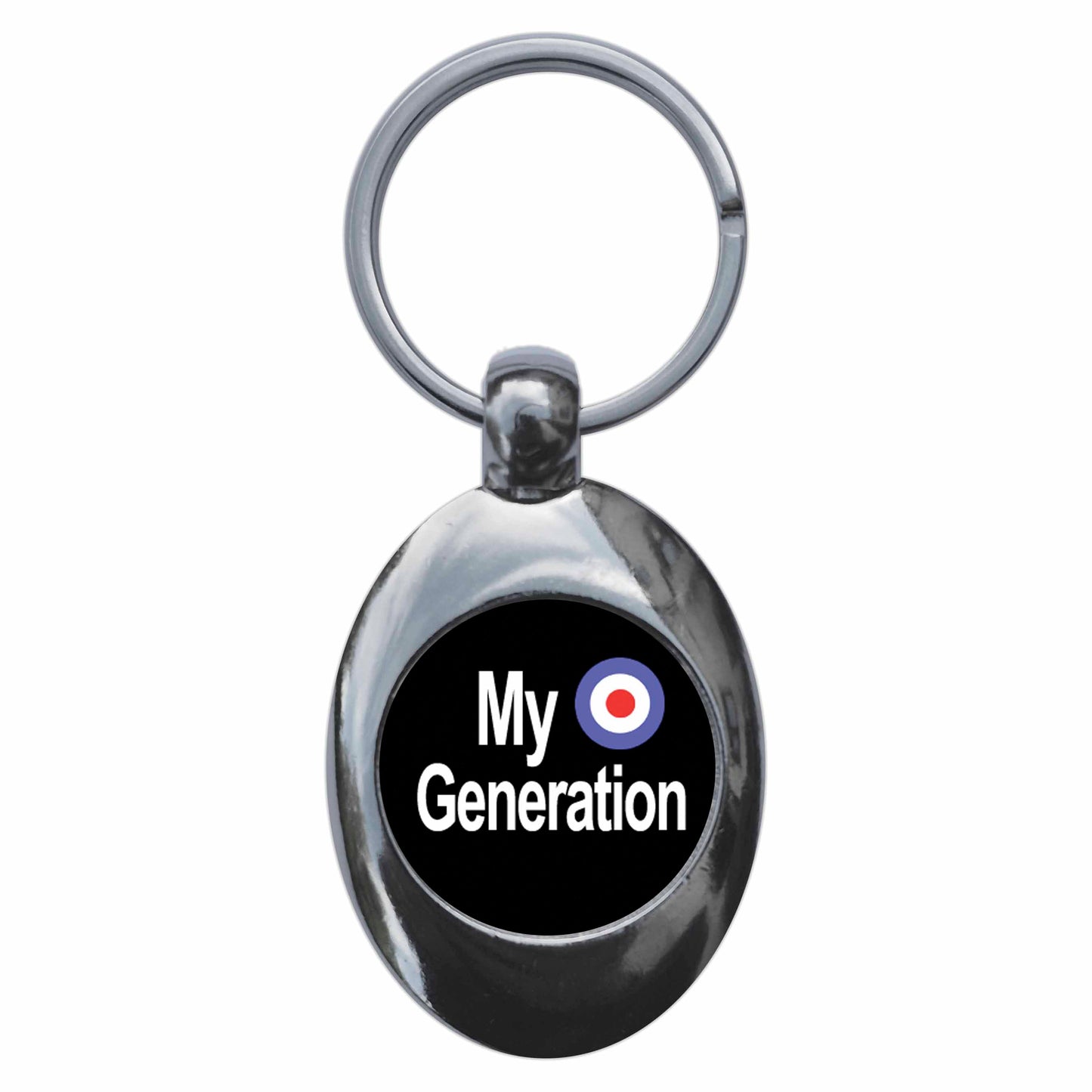 A picture of the front of the product, titled My Generation Mod Metal Keyring With Trolley Coin