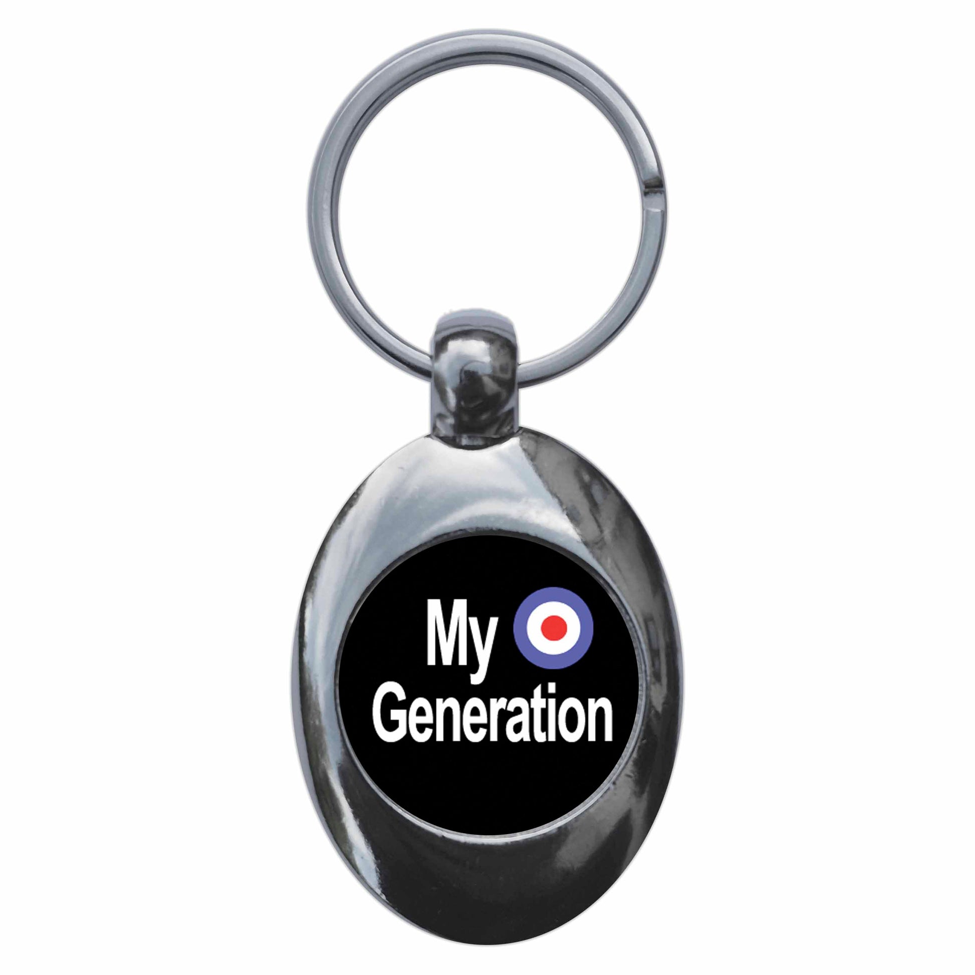 A picture of the front of the product, titled My Generation Mod Metal Keyring With Trolley Coin