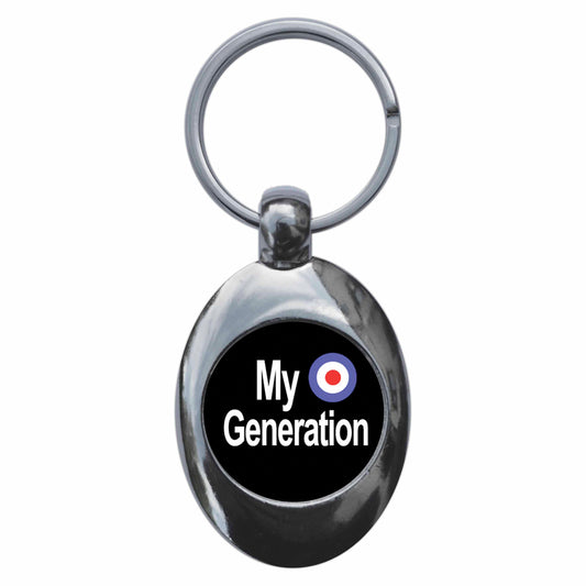 A picture of the front of the product, titled My Generation Mod Metal Keyring With Trolley Coin