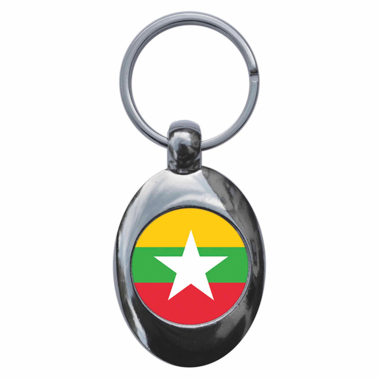 A picture of the front of the product, titled Myanmar Burma Burmese National Flag Metal Keyring With Trolley Coin