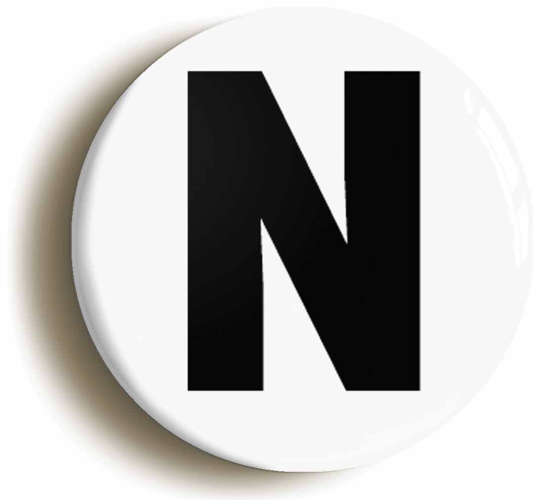 A picture of the front of the product, titled Letter N Button Pin Badge