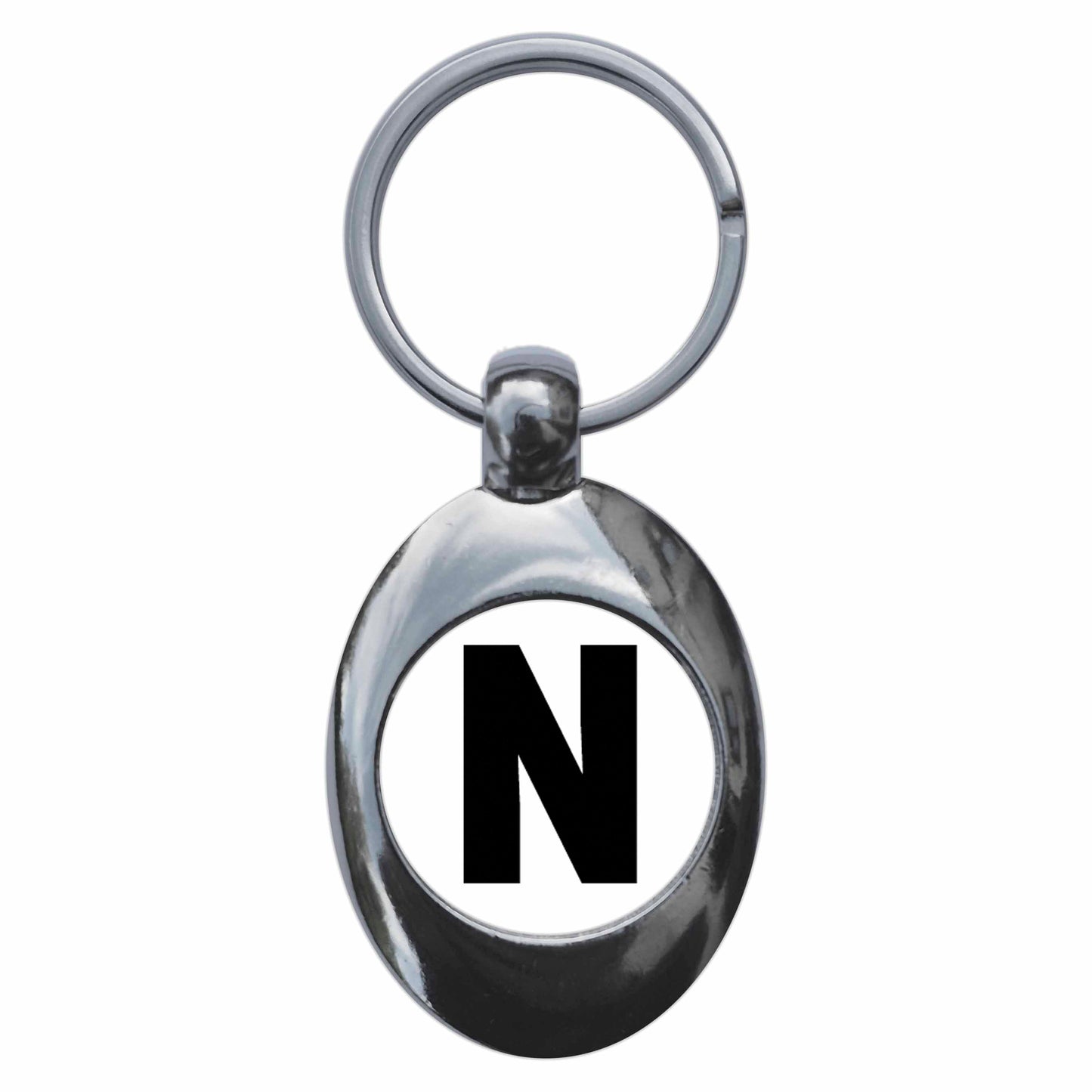 A picture of the front of the product, titled Letter N Metal Keyring With Trolley Coin