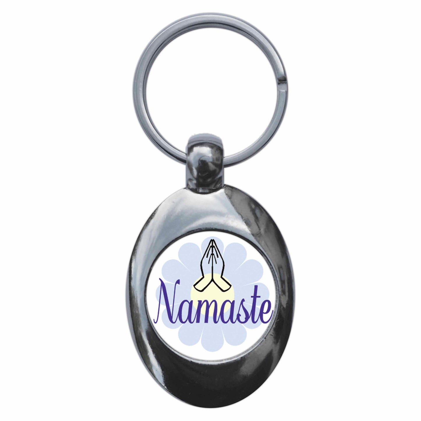 A picture of the front of the product, titled Namaste Yoga Meditation Metal Keyring With Trolley Coin