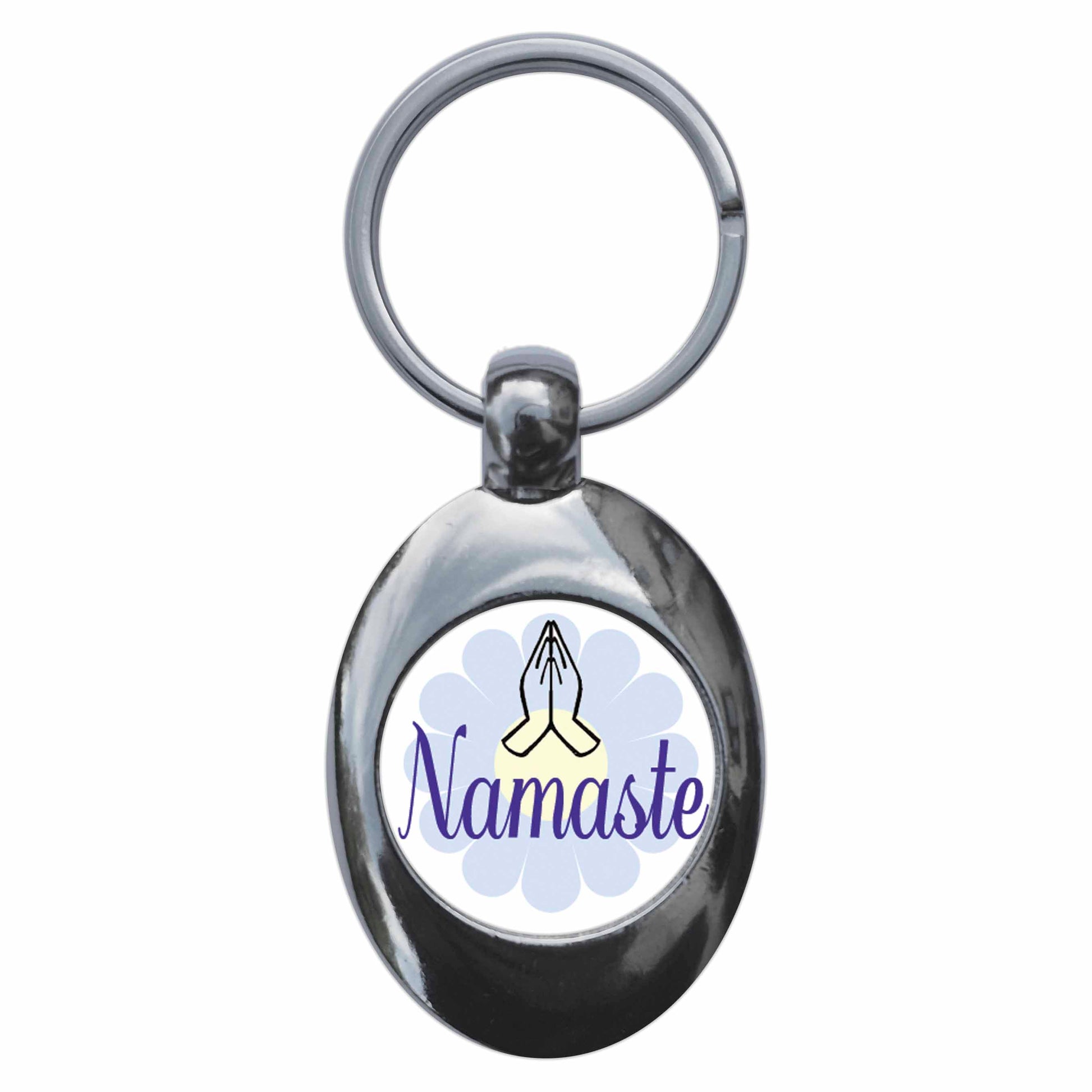 A picture of the front of the product, titled Namaste Yoga Meditation Metal Keyring With Trolley Coin