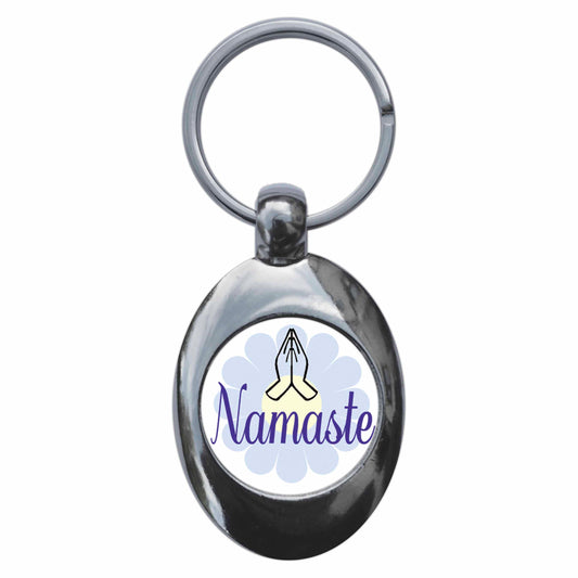 A picture of the front of the product, titled Namaste Yoga Meditation Metal Keyring With Trolley Coin