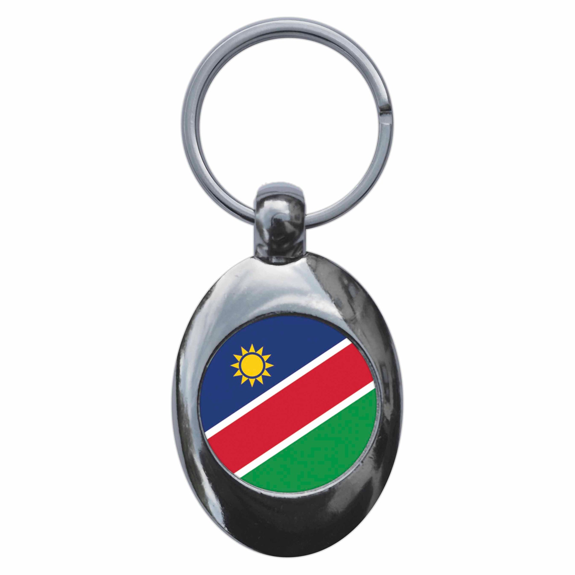 A picture of the front of the product, titled Namibia Namibian National Flag Metal Keyring With Trolley Coin