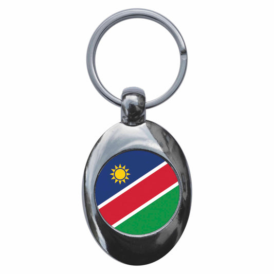 A picture of the front of the product, titled Namibia Namibian National Flag Metal Keyring With Trolley Coin