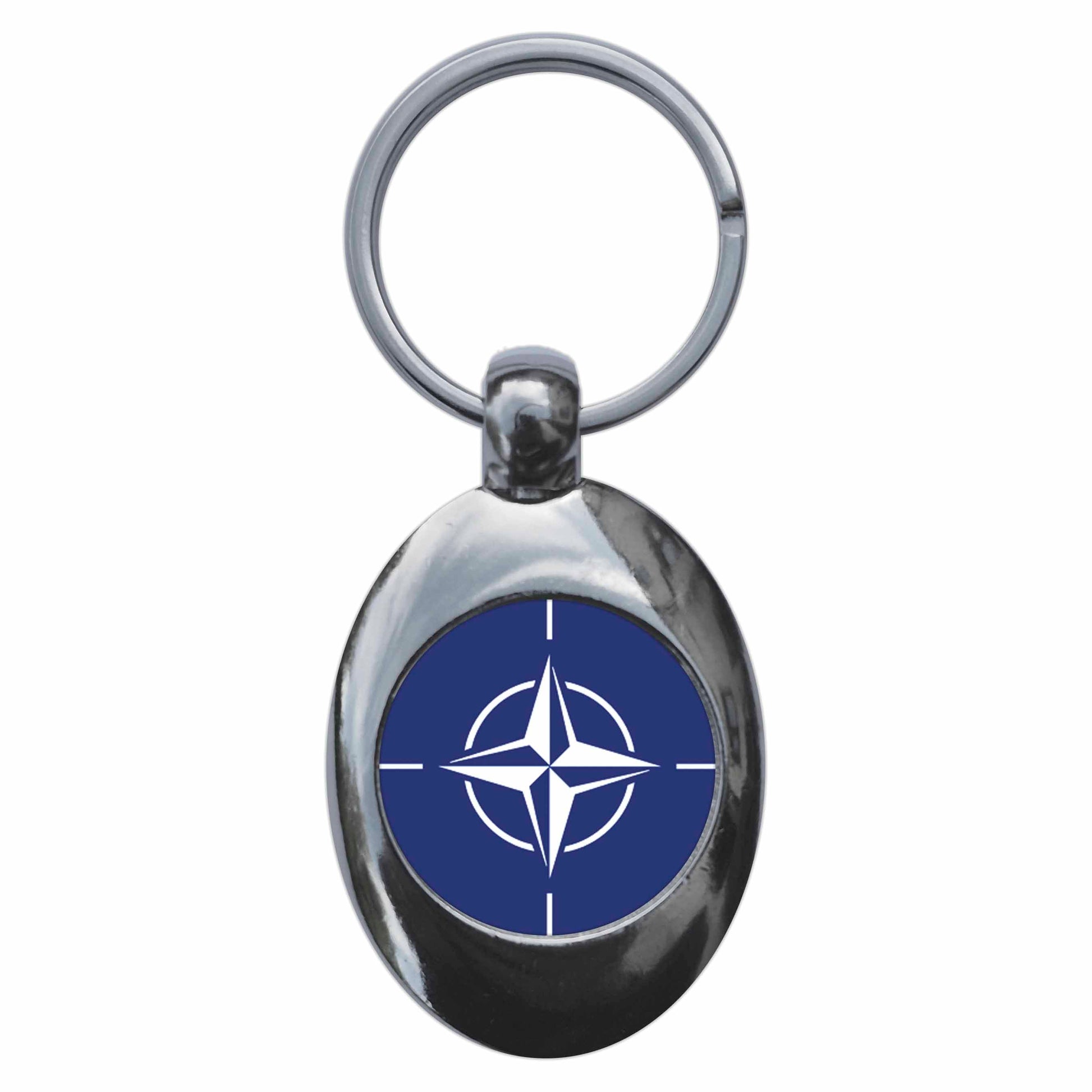 A picture of the front of the product, titled Nato Flag Metal Keyring With Trolley Coin