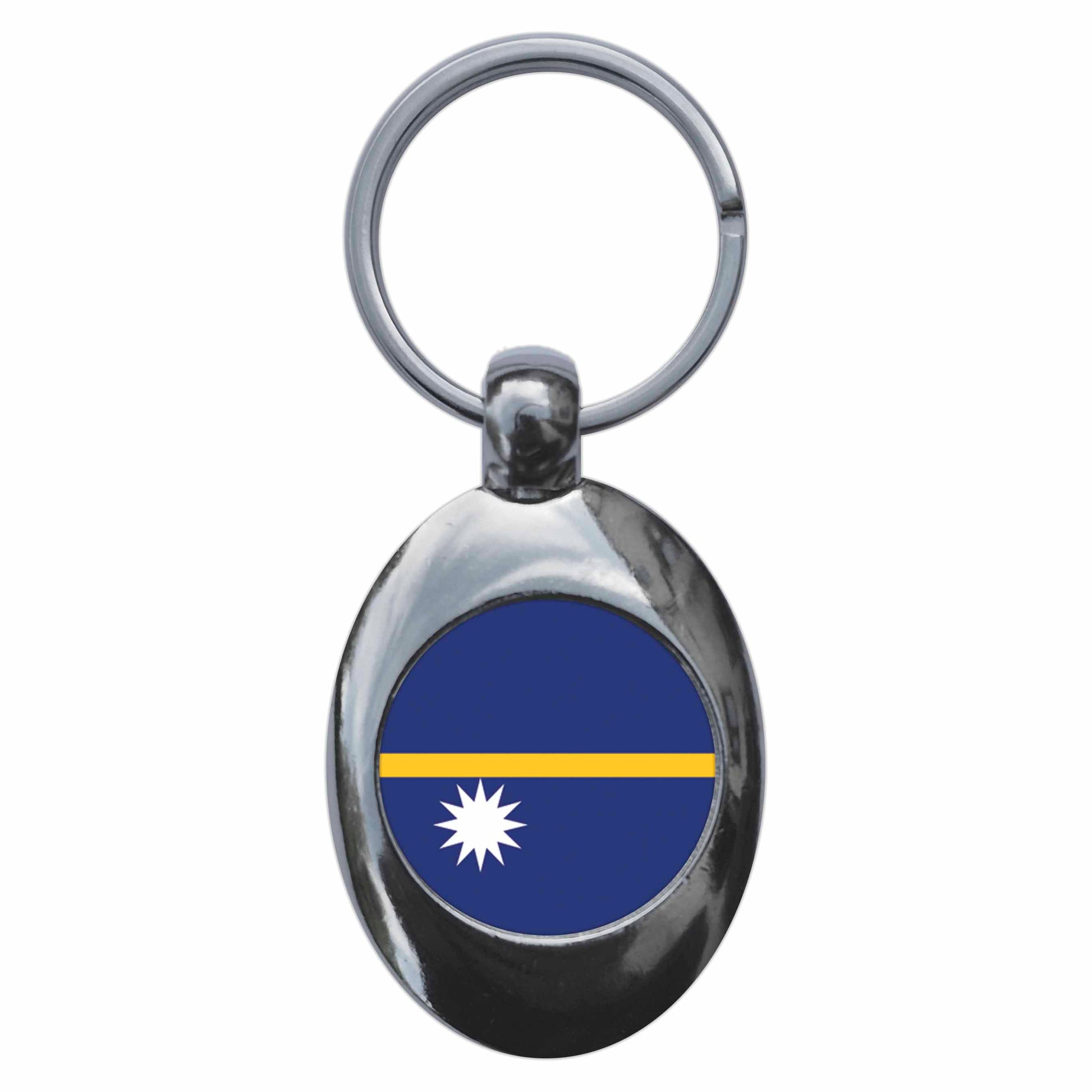 A picture of the front of the product, titled Nauru Nauruan National Flag Metal Keyring With Trolley Coin
