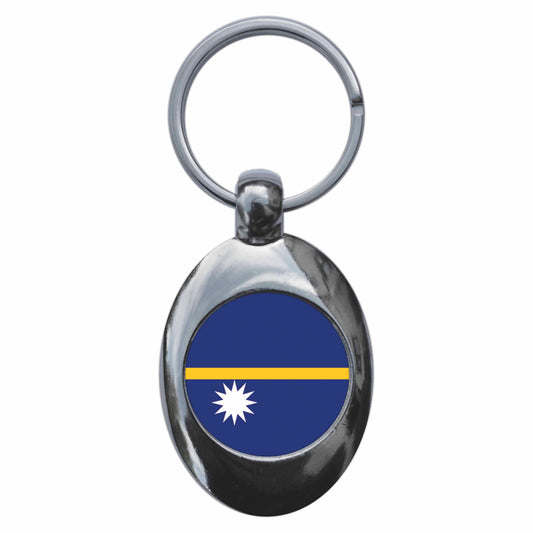 A picture of the front of the product, titled Nauru Nauruan National Flag Metal Keyring With Trolley Coin