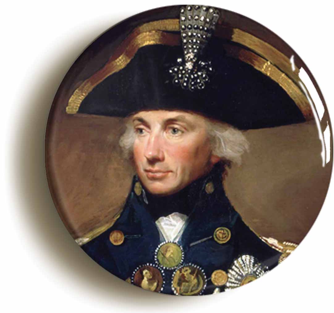 A picture of the front of the product, titled Lord Horatio Nelson British Navy Button Pin Badge