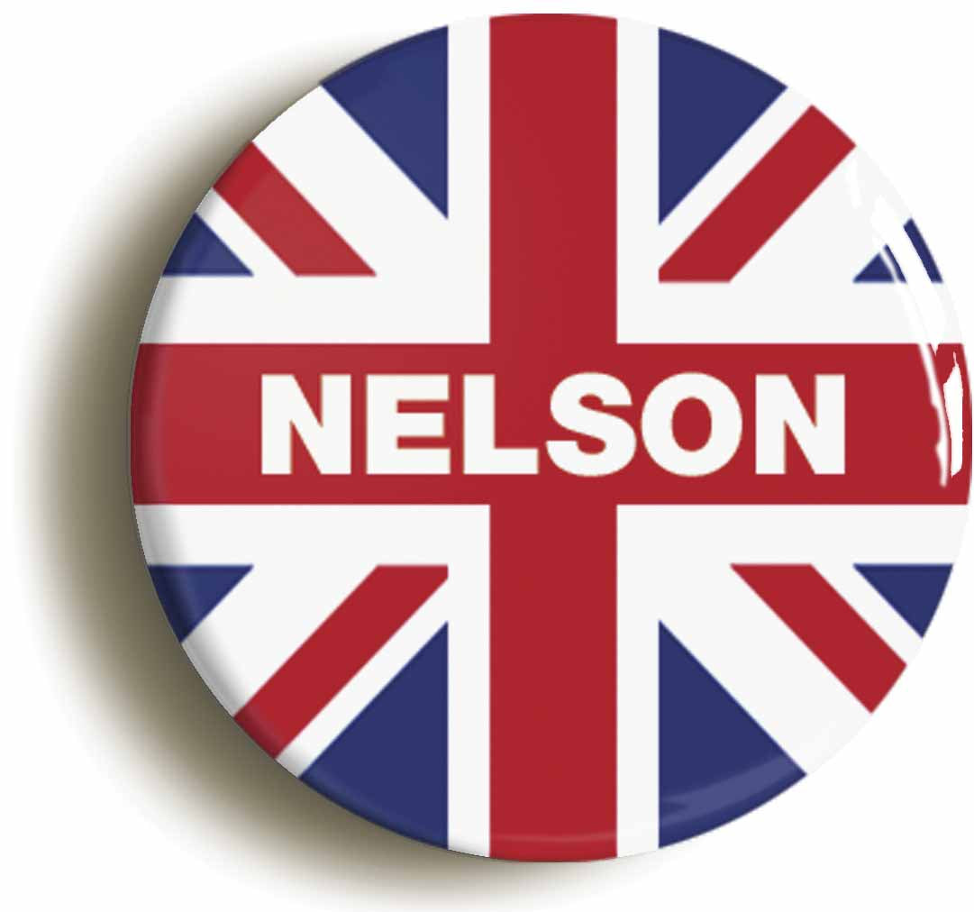 A picture of the front of the product, titled Nelson Union Jack Button Pin Badge