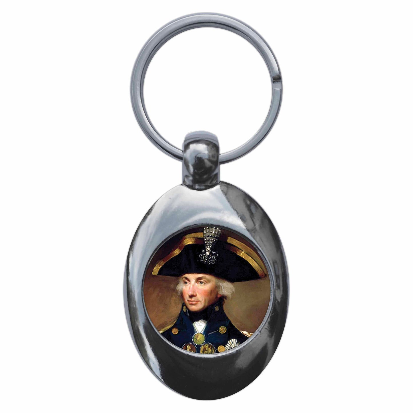 A picture of the front of the product, titled Admiral Horatio Nelson Metal Keyring With Trolley Coin