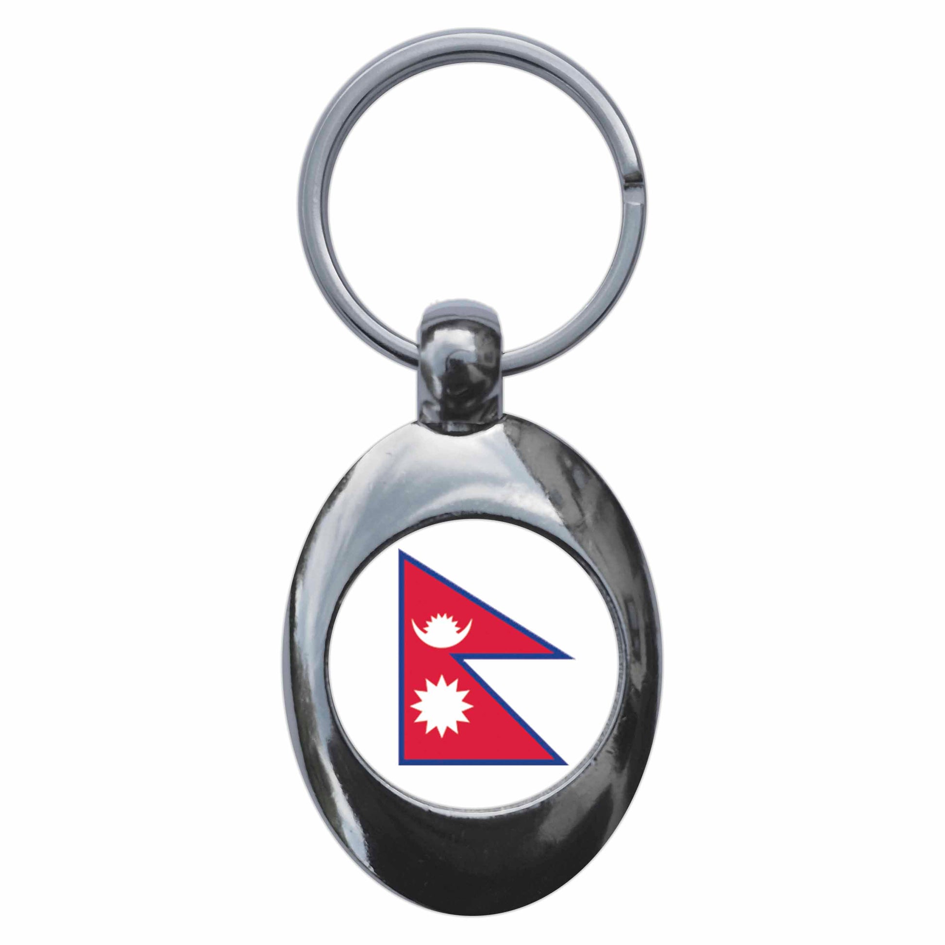A picture of the front of the product, titled Nepal Nepalese National Flag Metal Keyring With Trolley Coin