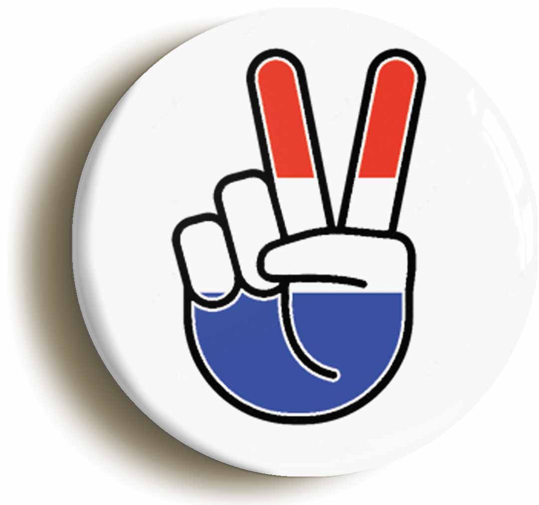 A picture of the front of the product, titled Netherlands Dutch National Flag Peace Sign V Button Pin Badge