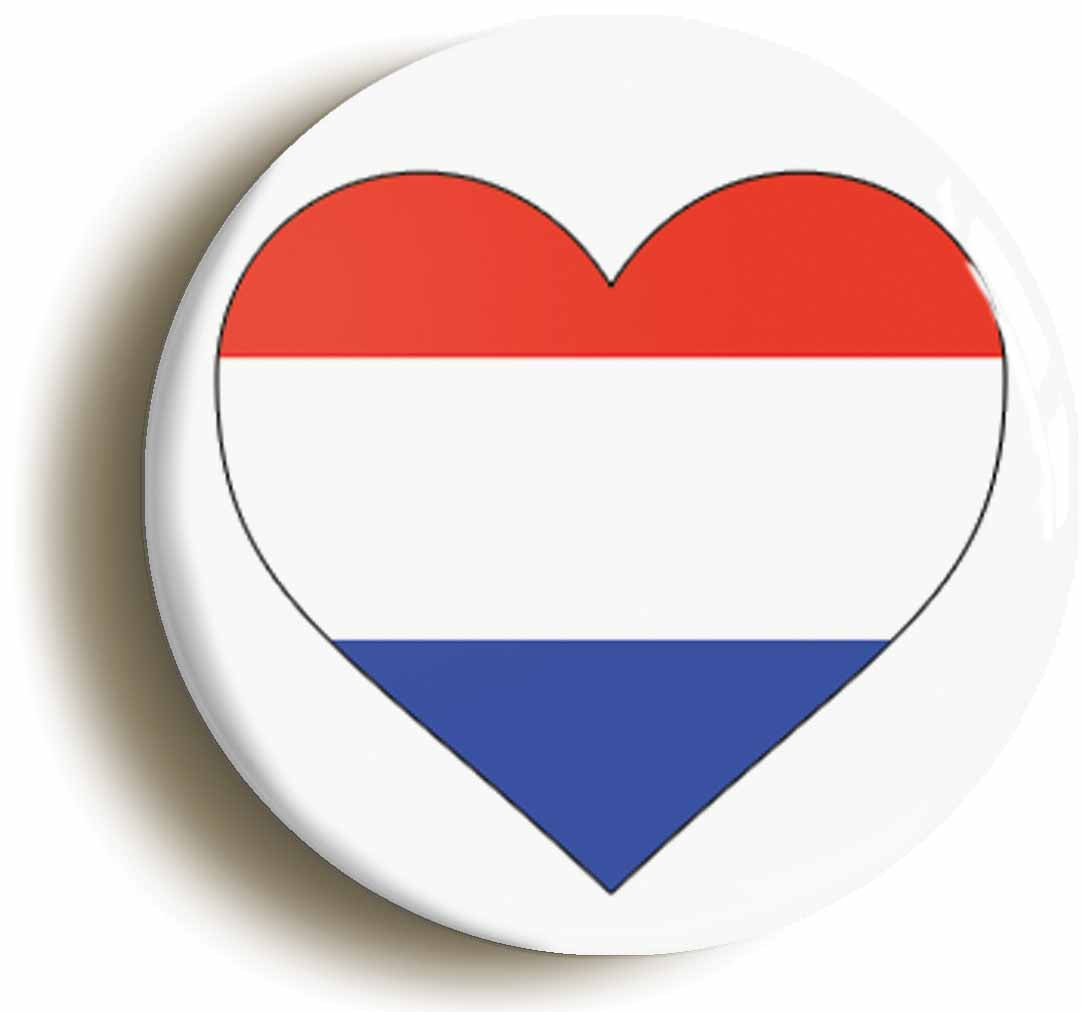 A picture of the front of the product, titled Netherlands Dutch Flag Heart Button Pin Badge