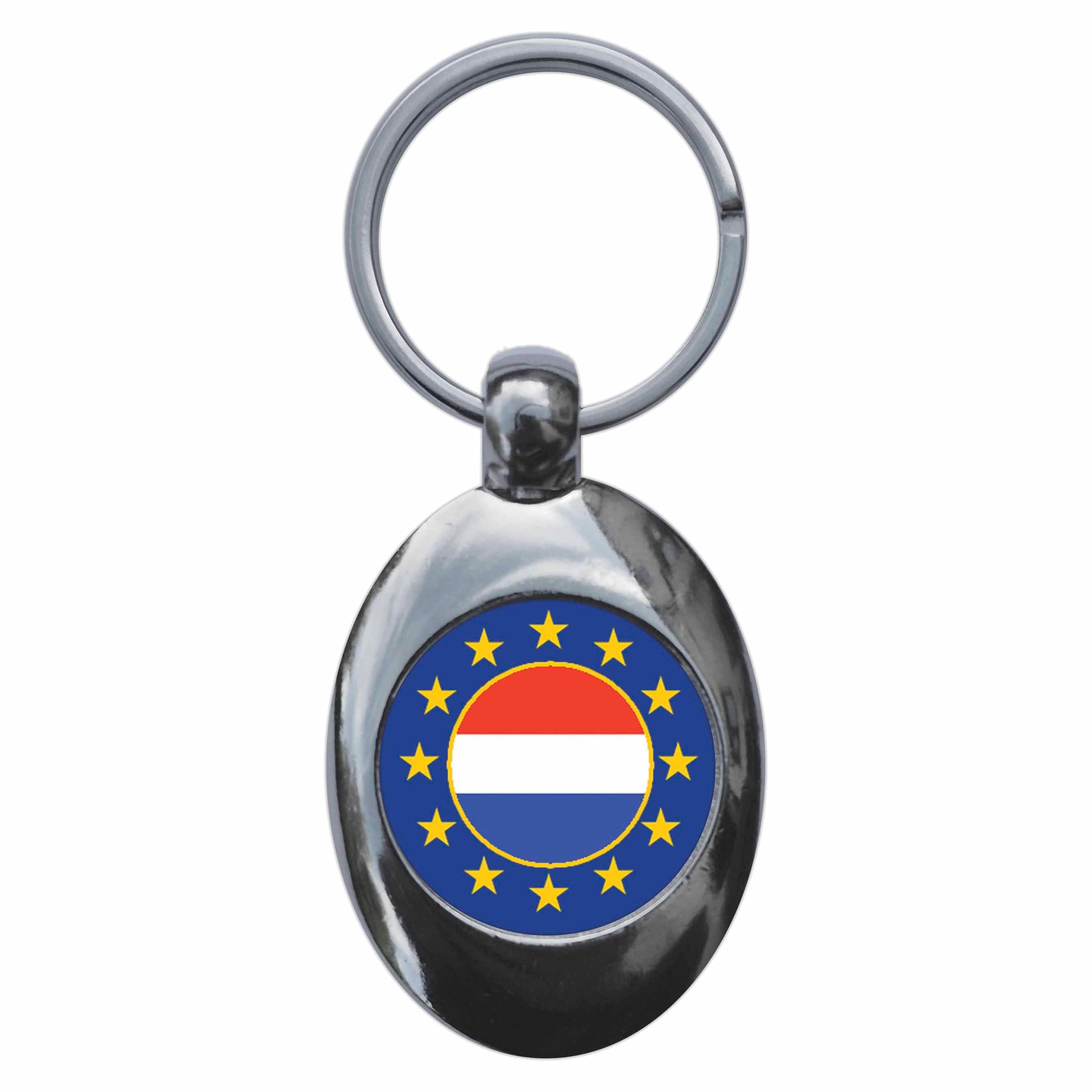 A picture of the front of the product, titled Netherlands European Union Split Flag Metal Keyring With Trolley Coin