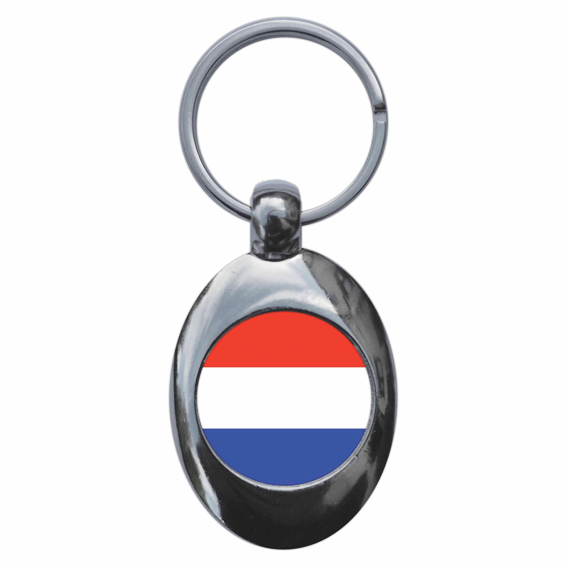 A picture of the front of the product, titled Netherlands Dutch Holland National Flag Metal Keyring With Trolley Coin