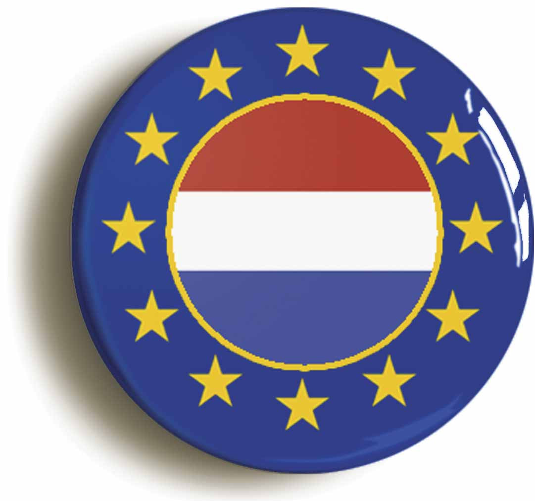 A picture of the front of the product, titled Netherlands European Union Split Flag Button Pin Badge