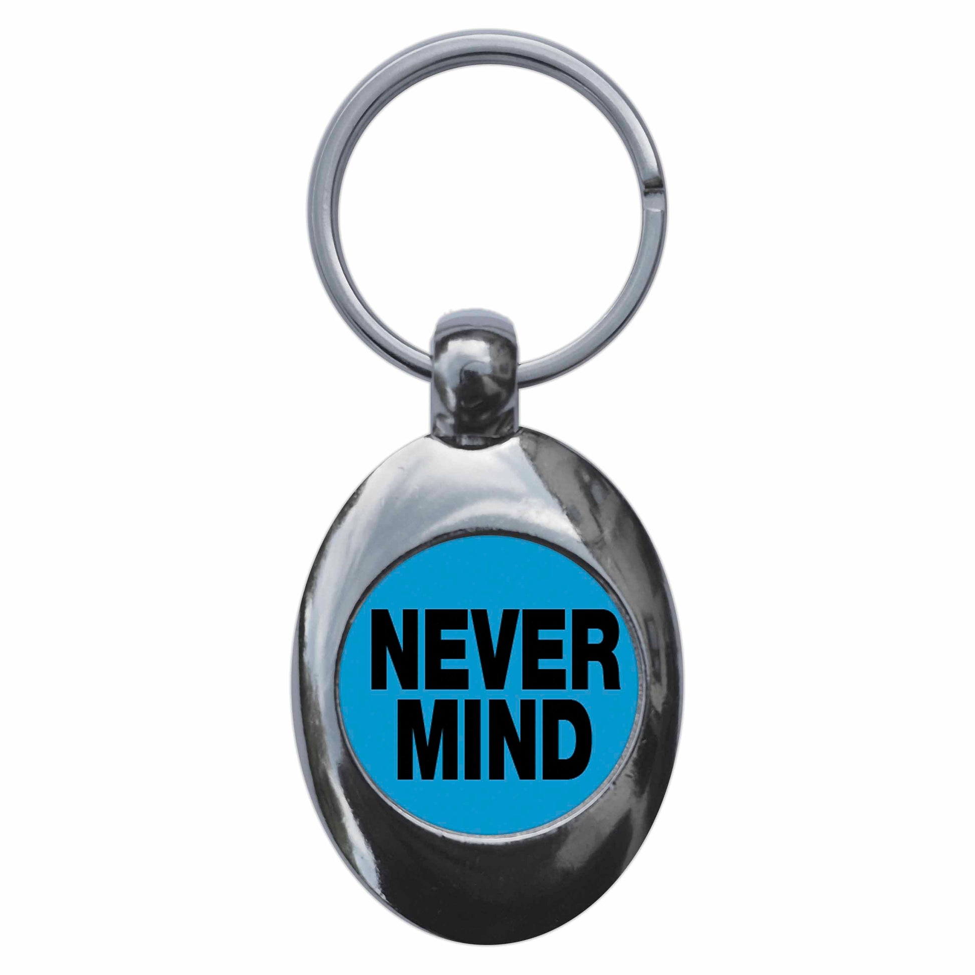 A picture of the front of the product, titled Never Mind Metal Keyring With Trolley Coin