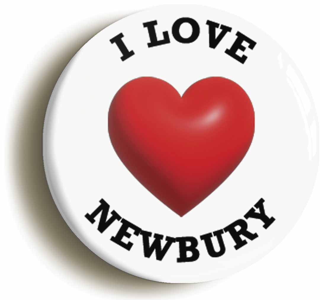 A picture of the front of the product, titled I Heart Love Newbury Location Button Pin Badge