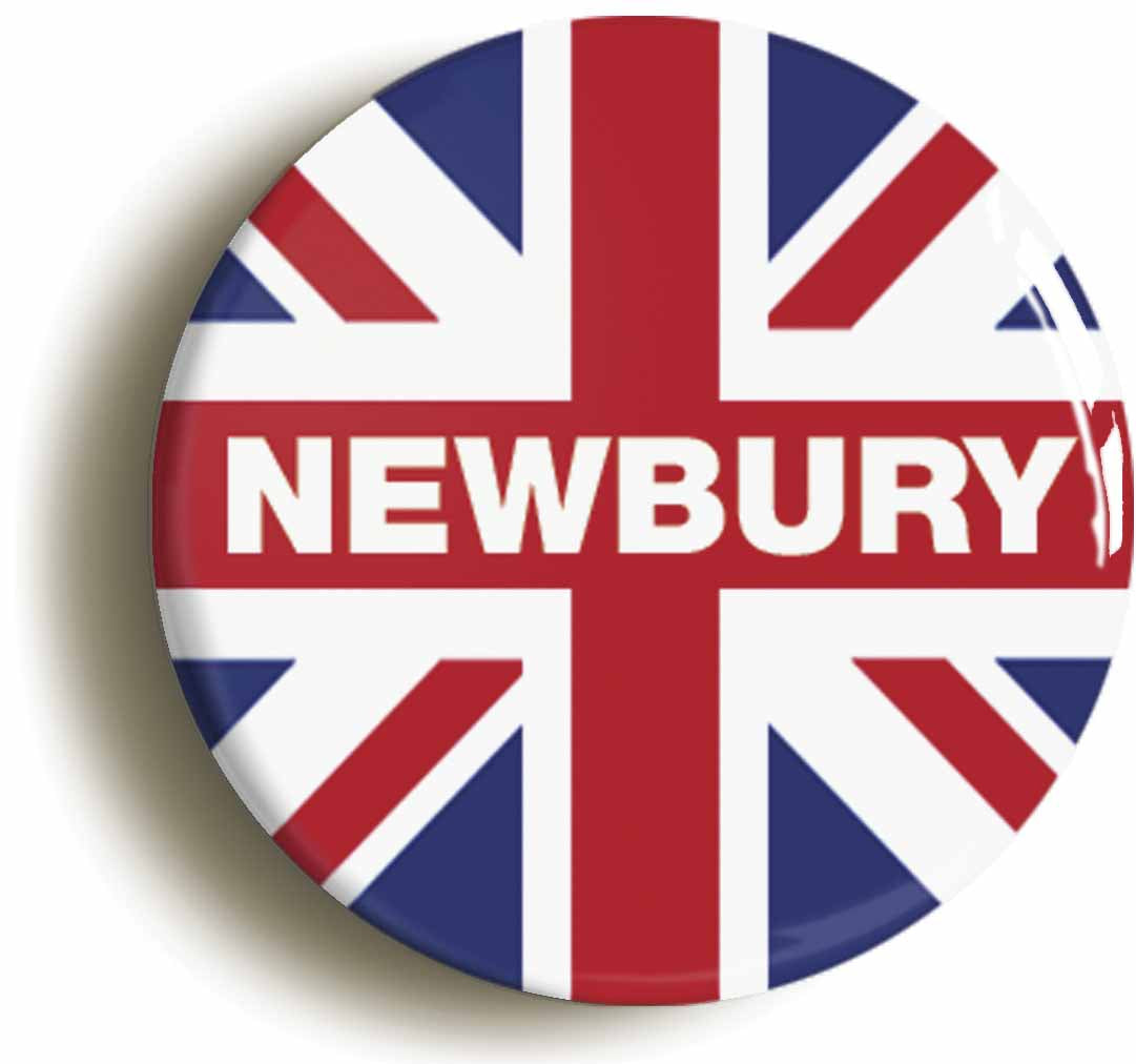 A picture of the front of the product, titled Newbury Union Jack Button Pin Badge