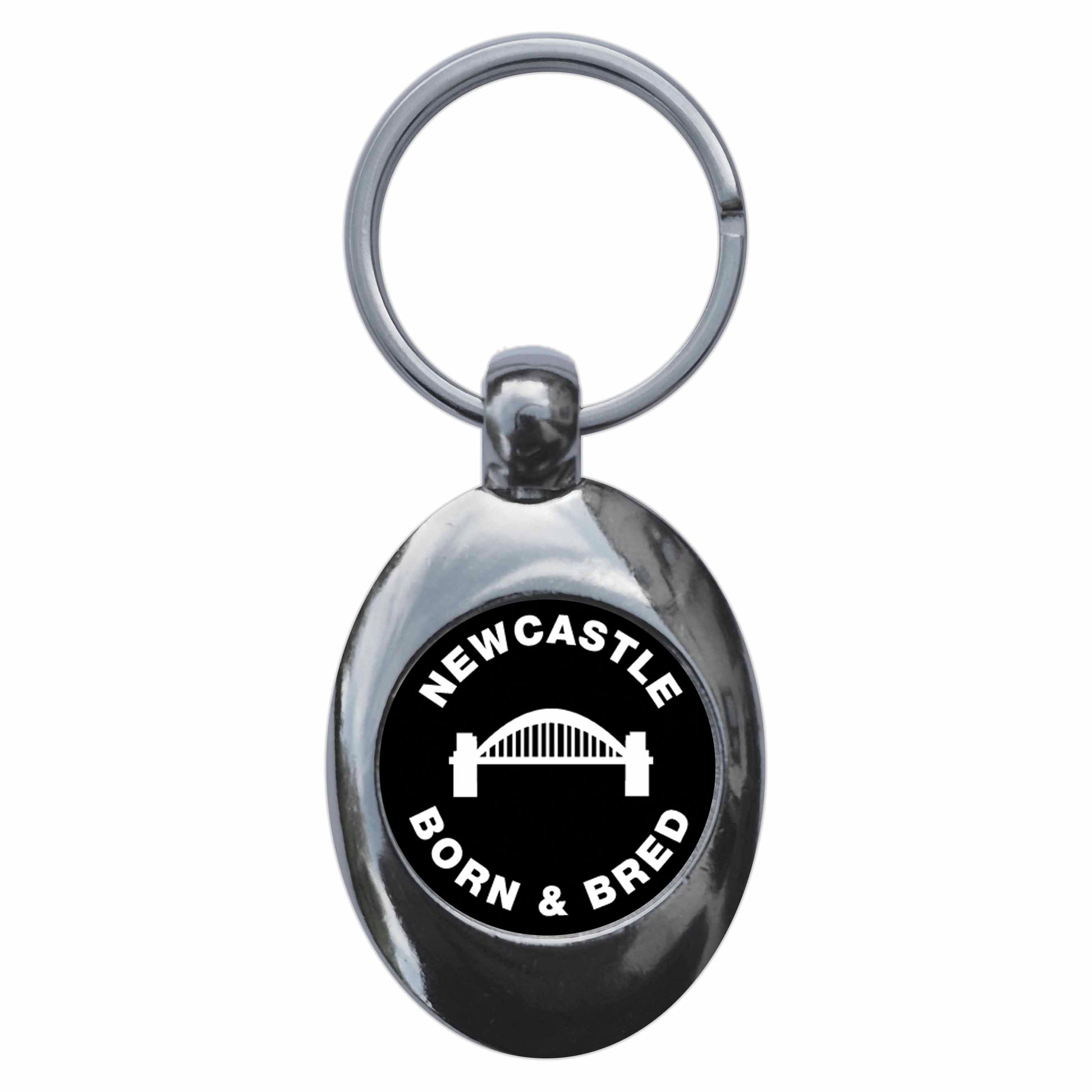 A picture of the front of the product, titled Newcastle Born & Bred Metal Keyring With Trolley Coin