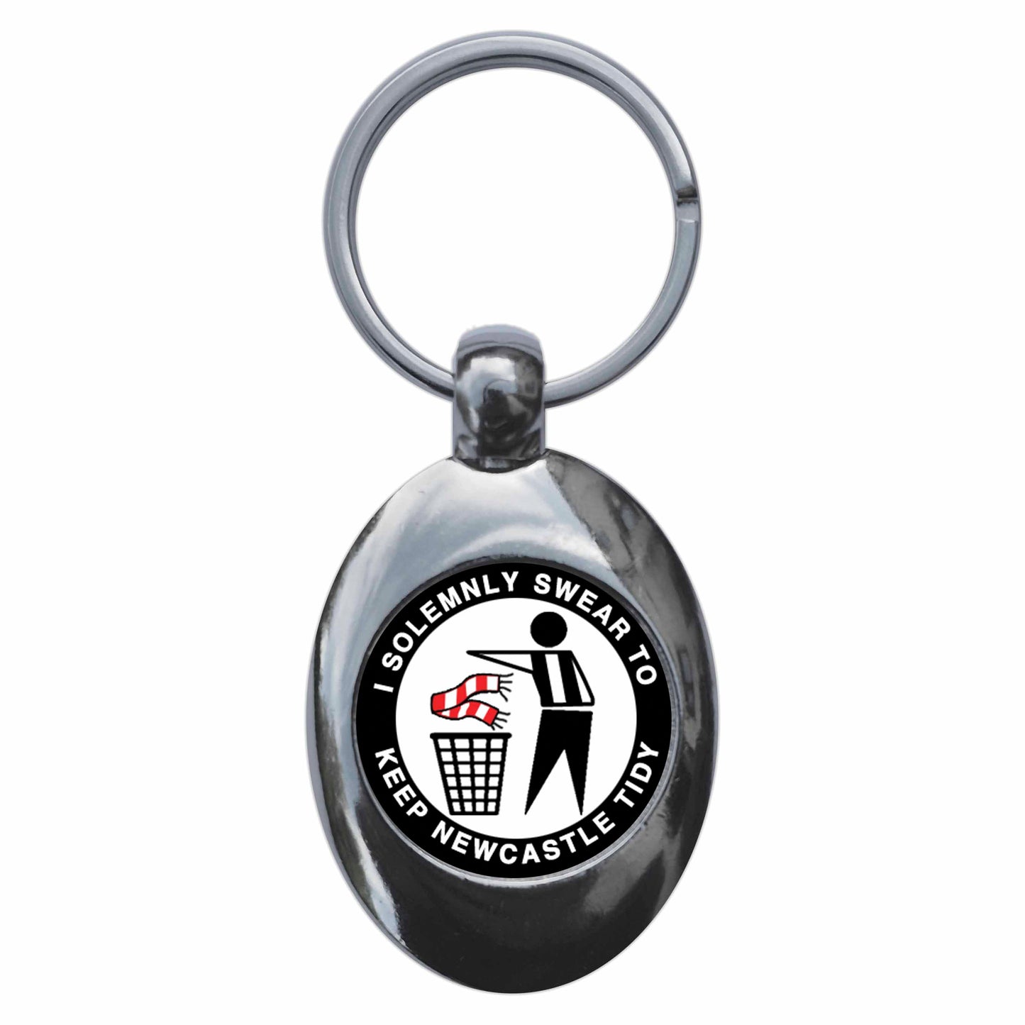 A picture of the front of the product, titled I Solemnly Swear To Keep Newcastle Tidy Metal Keyring With Trolley Coin