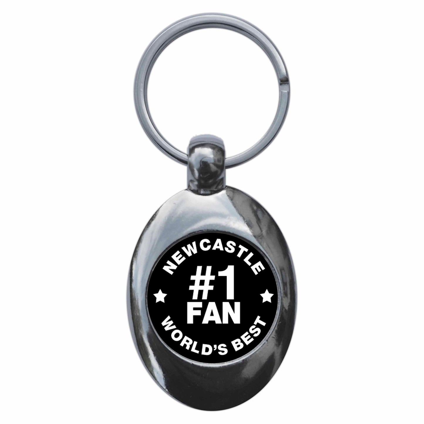 A picture of the front of the product, titled Newcastle #1 Fan Metal Keyring With Trolley Coin