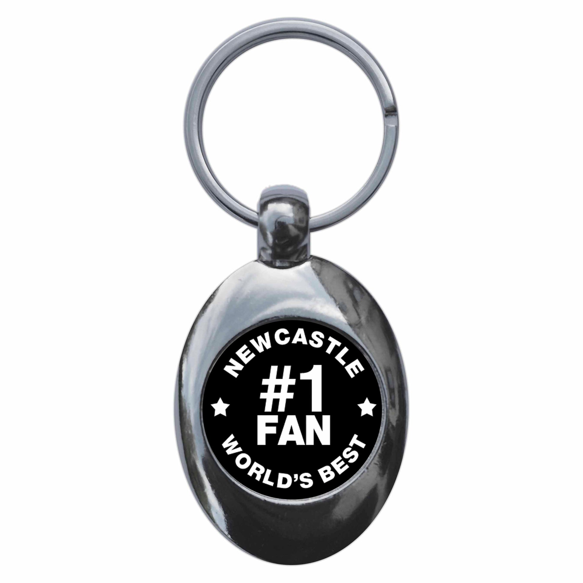 A picture of the front of the product, titled Newcastle #1 Fan Metal Keyring With Trolley Coin