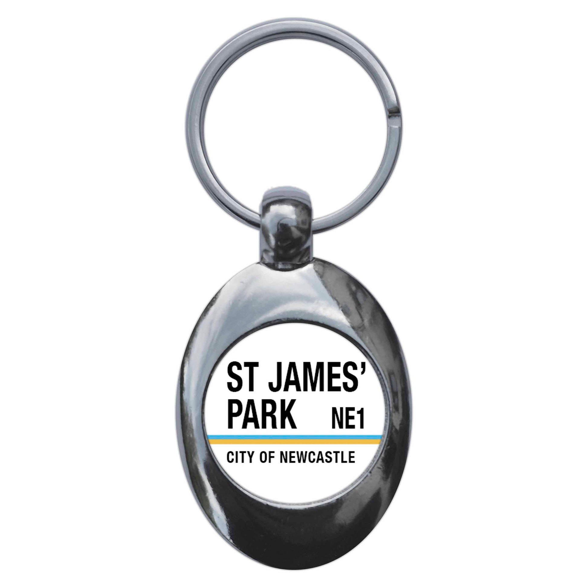 A picture of the front of the product, titled St James Park NE1 Newcastle Road Sign Metal Keyring With Trolley Coin