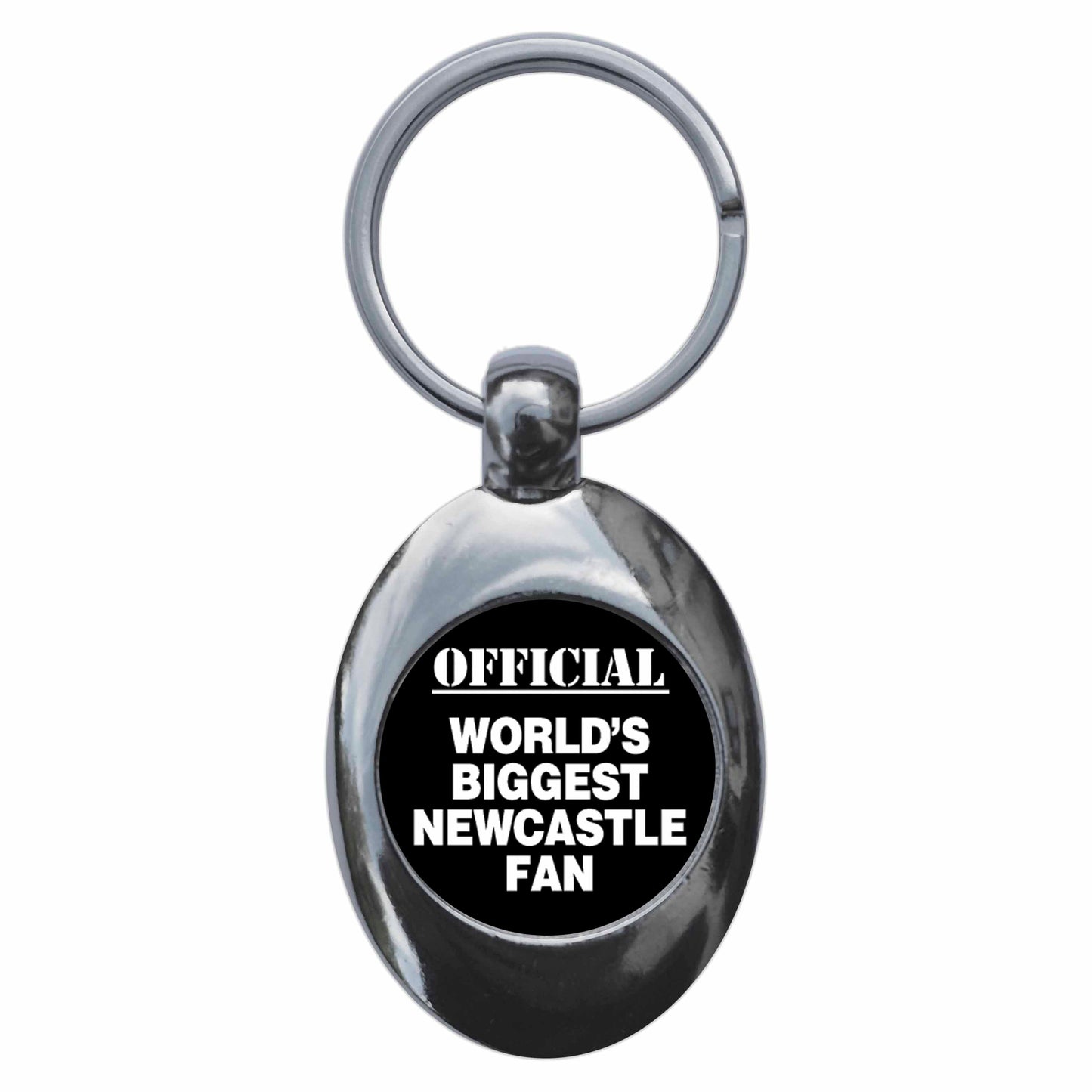 A picture of the front of the product, titled World's Biggest Newcastle Fan Metal Keyring With Trolley Coin