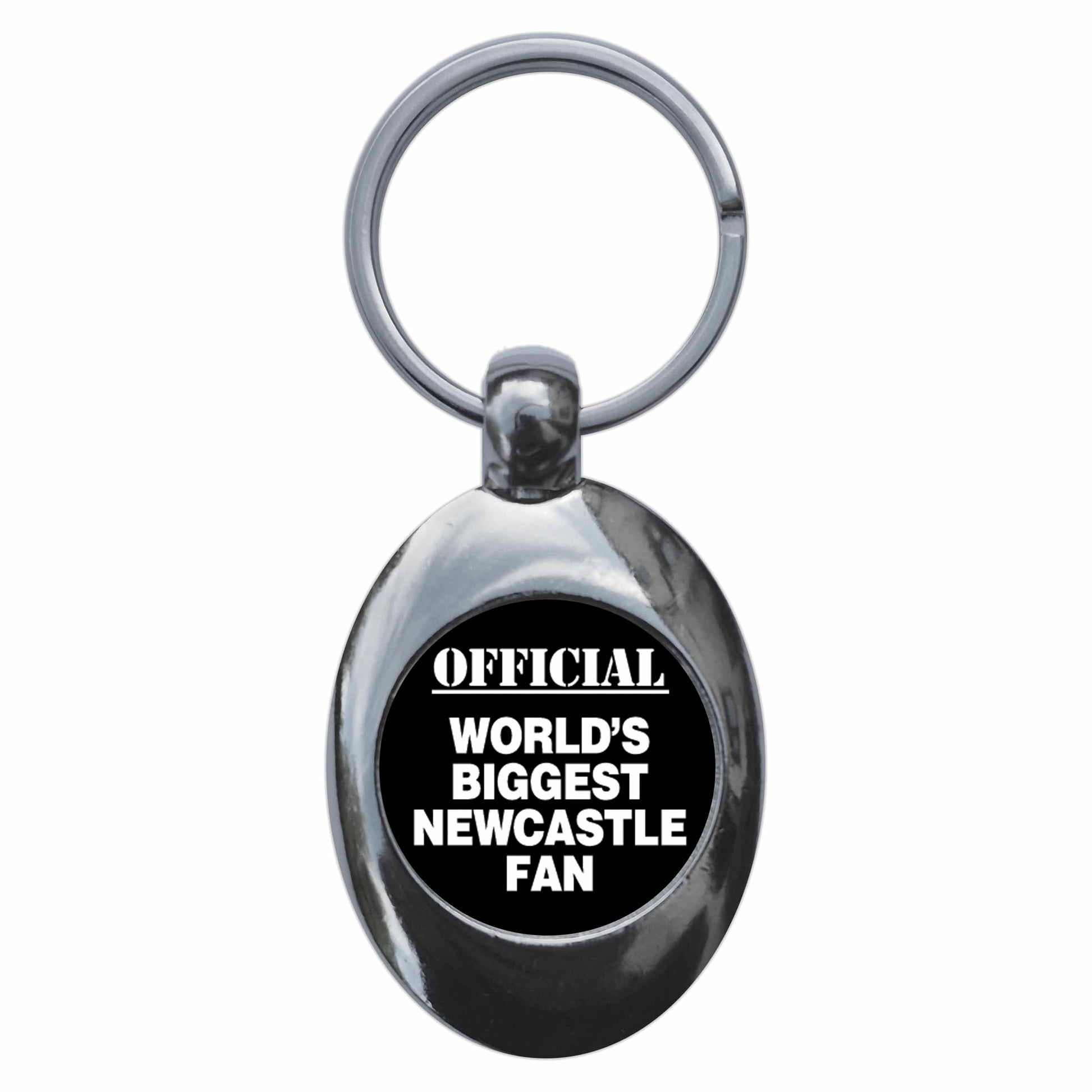 A picture of the front of the product, titled World's Biggest Newcastle Fan Metal Keyring With Trolley Coin