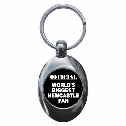 A picture of the front of the product, titled World's Biggest Newcastle Fan Metal Keyring With Trolley Coin