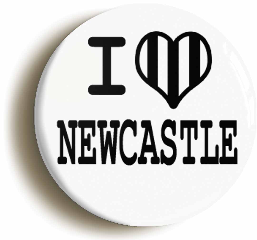 A picture of the front of the product, titled I Heart Love Newcastle Button Pin Badge