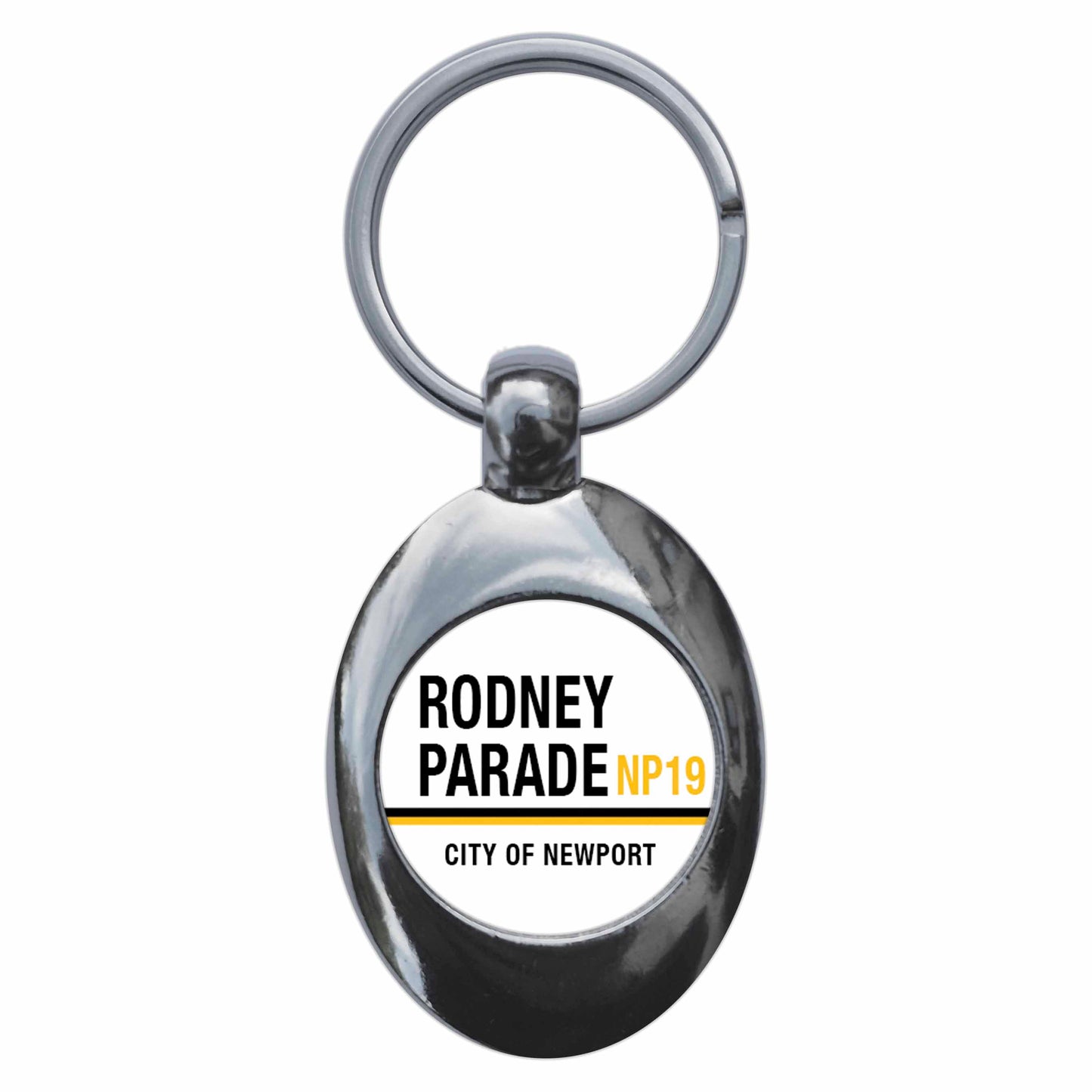 A picture of the front of the product, titled Rodney Parade NP19 Newport Road Sign Metal Keyring With Trolley Coin