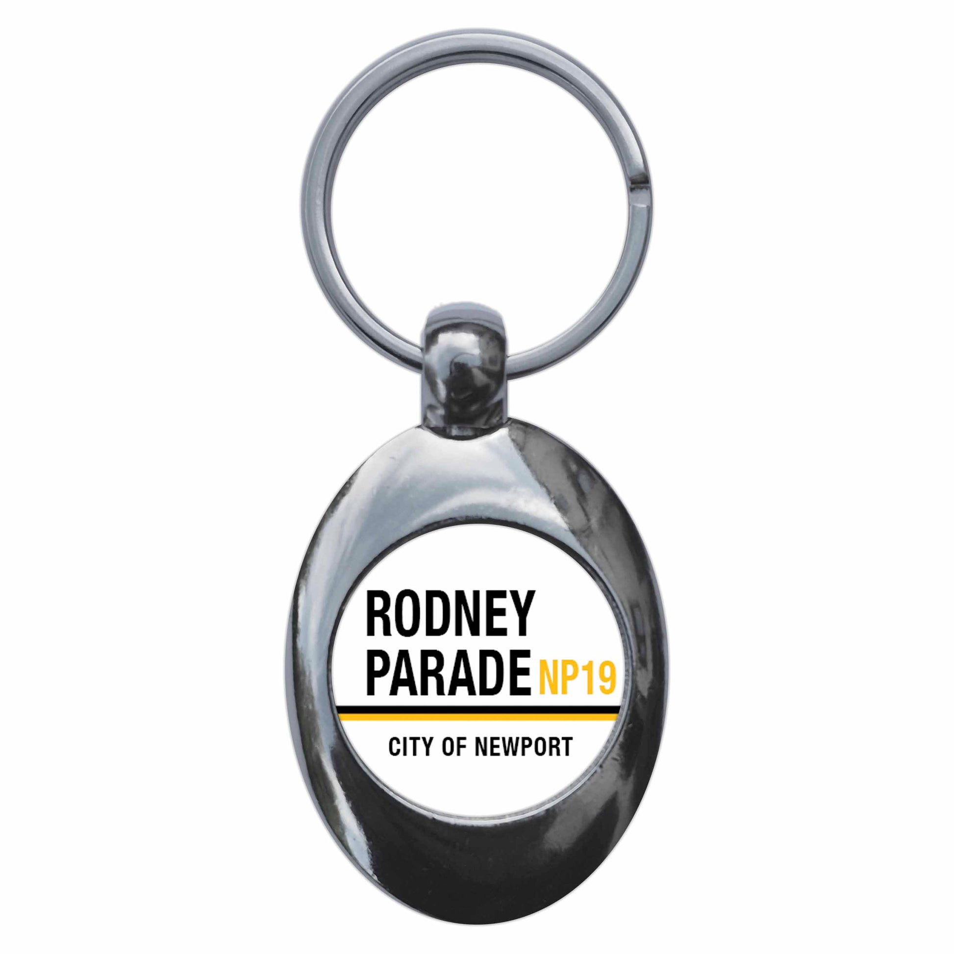 A picture of the front of the product, titled Rodney Parade NP19 Newport Road Sign Metal Keyring With Trolley Coin
